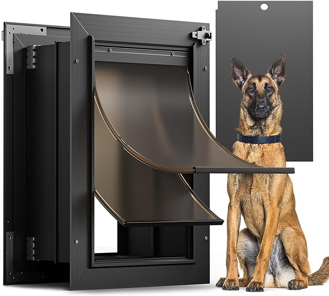 Dog Door for Wall, All Aluminum Large Doggy Door Doggie door, Pet Door Easy to Install, 2 Magnetic Flaps Energy Efficient, Wide Telescoping Tunnel for Interior & Exterior Walls, Pet Up to 110 Lb-Black